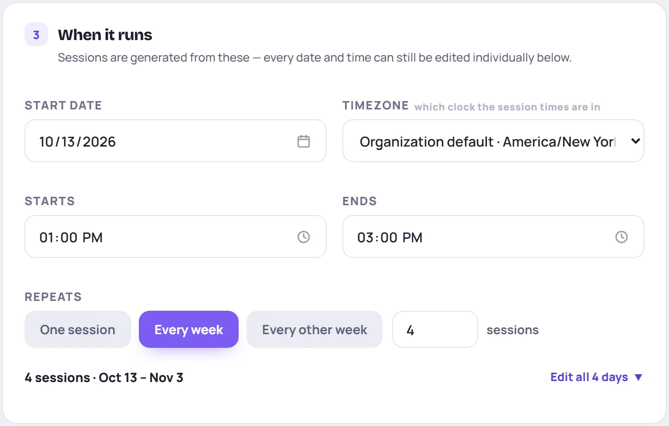 The schedule card for a weekly workshop: start date, time zone, times and Repeats