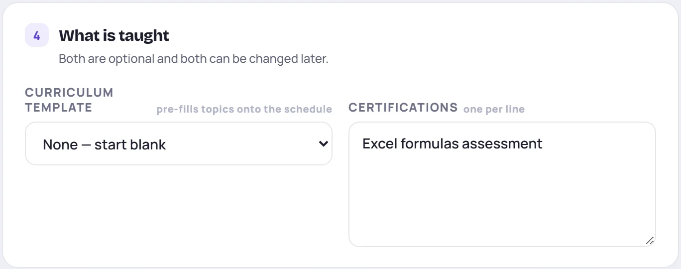 What is taught: the curriculum template and certifications