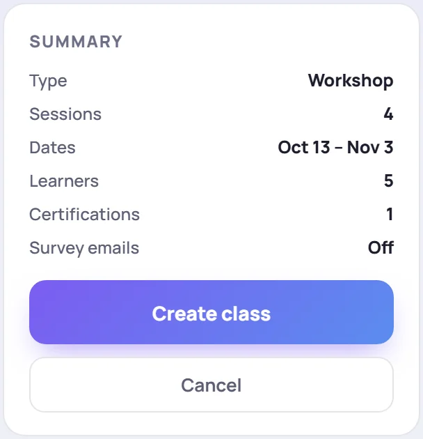 The summary: type, sessions, dates, learners, certifications and survey emails