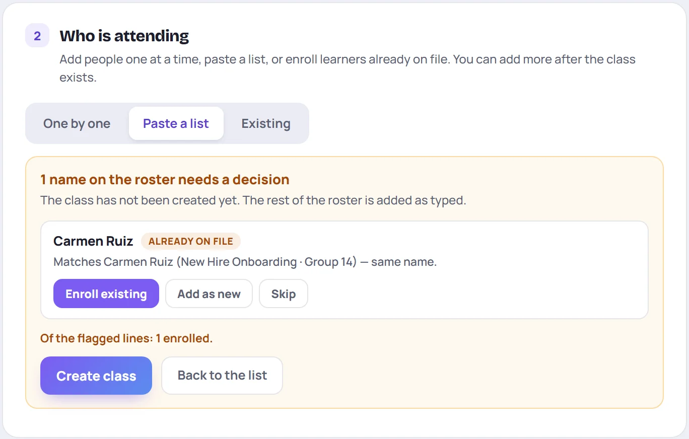A name on the roster matches an existing learner: choose Enroll existing, Add as new or Skip