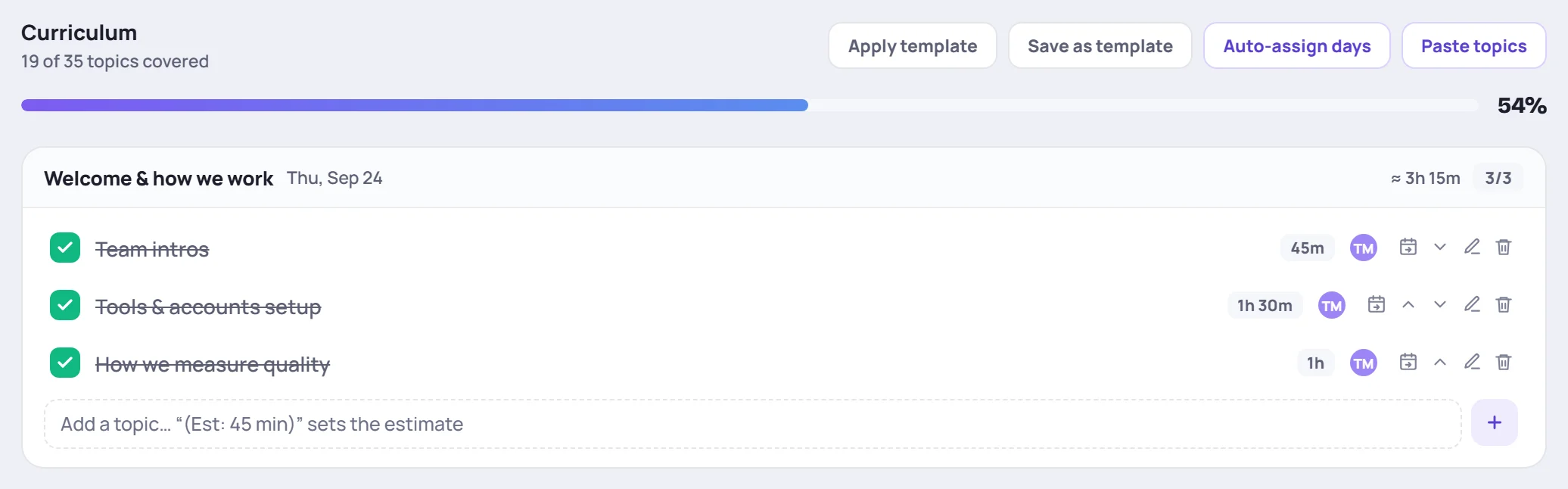 The Curriculum tab: topics covered, a progress bar, the four buttons and the first day