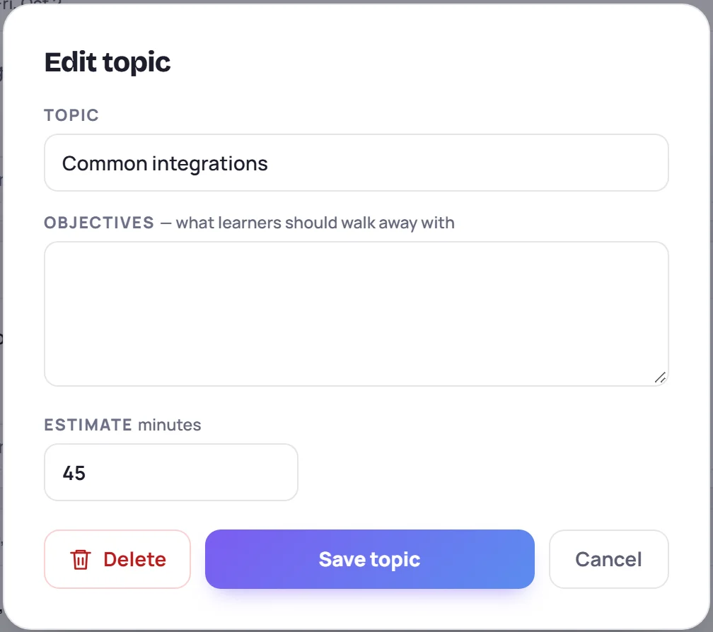 Edit topic: the topic, its objectives and its estimate in minutes