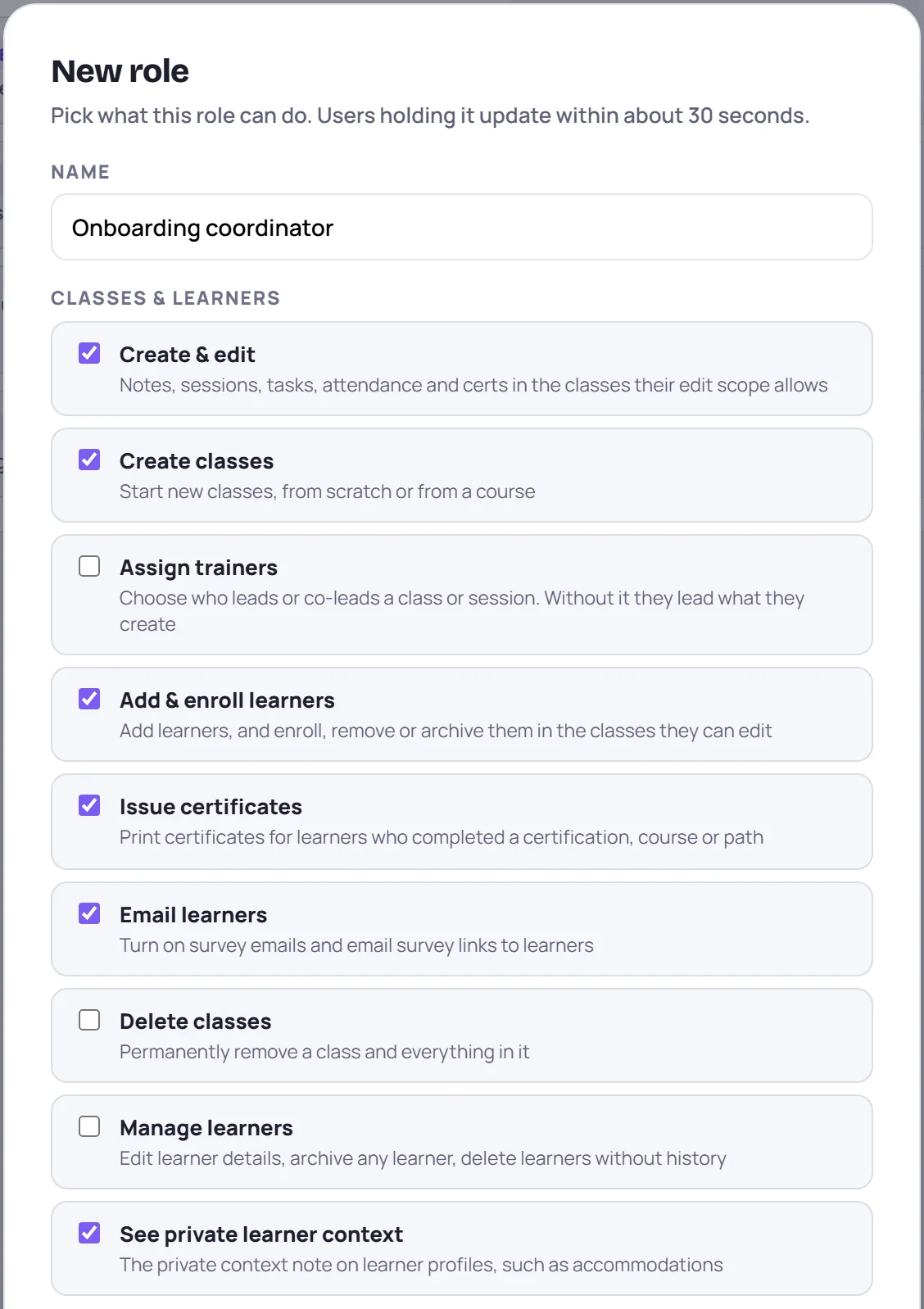 The role editor: the name, then the Classes & learners permissions with their descriptions