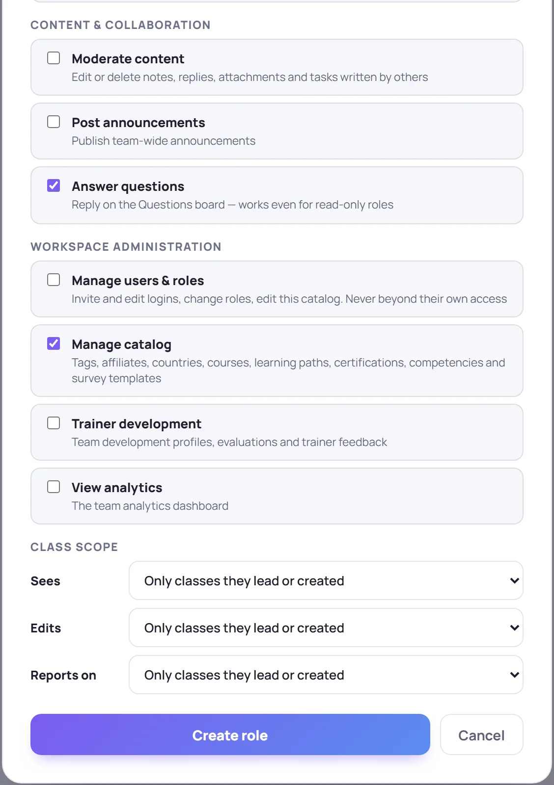 The rest of the editor: content, administration and the class scope, here set to Only classes they lead or created