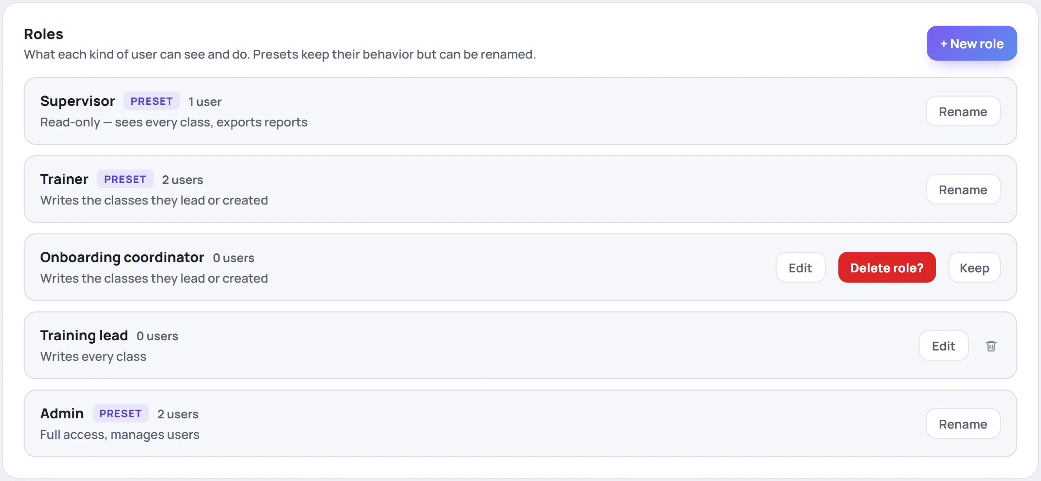 Manage → Roles with a new custom role, Onboarding coordinator, asking Delete role? or Keep