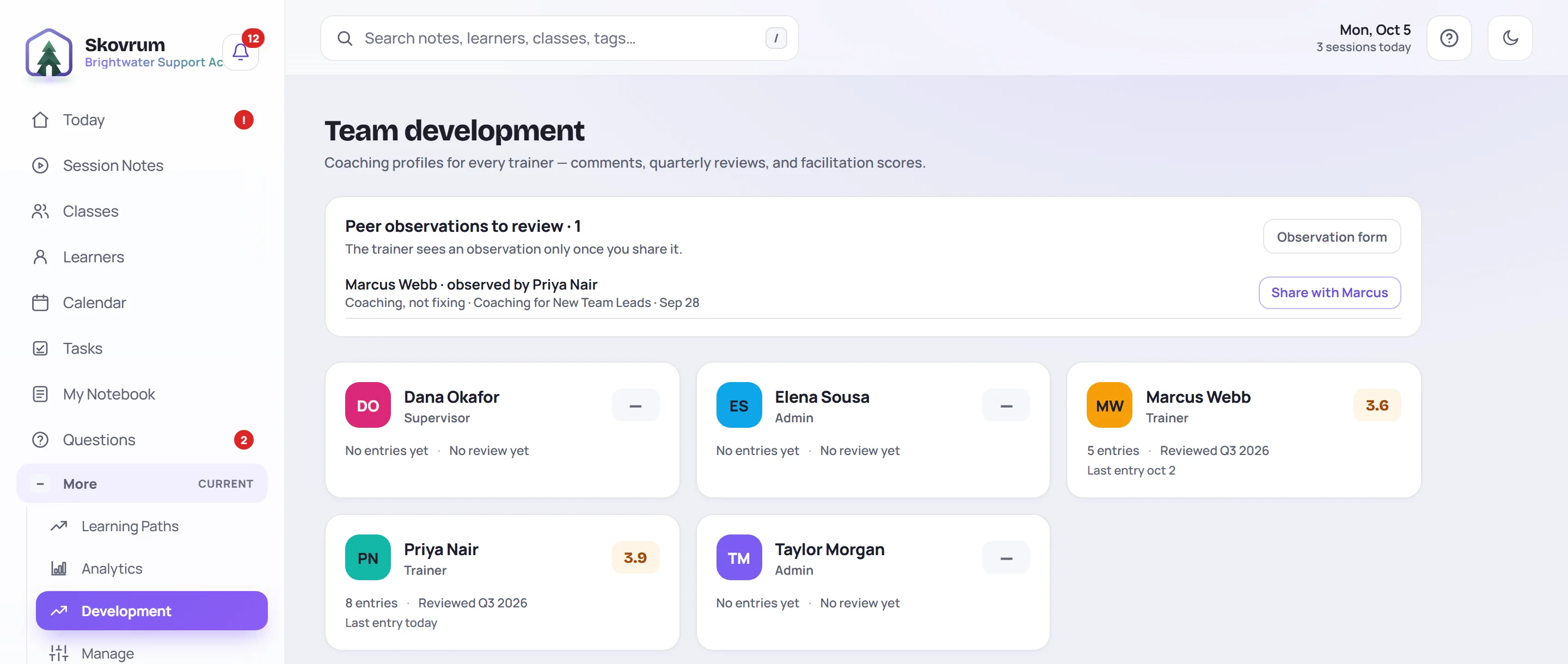 The Team development screen: peer observations to review at the top, then one card per trainer