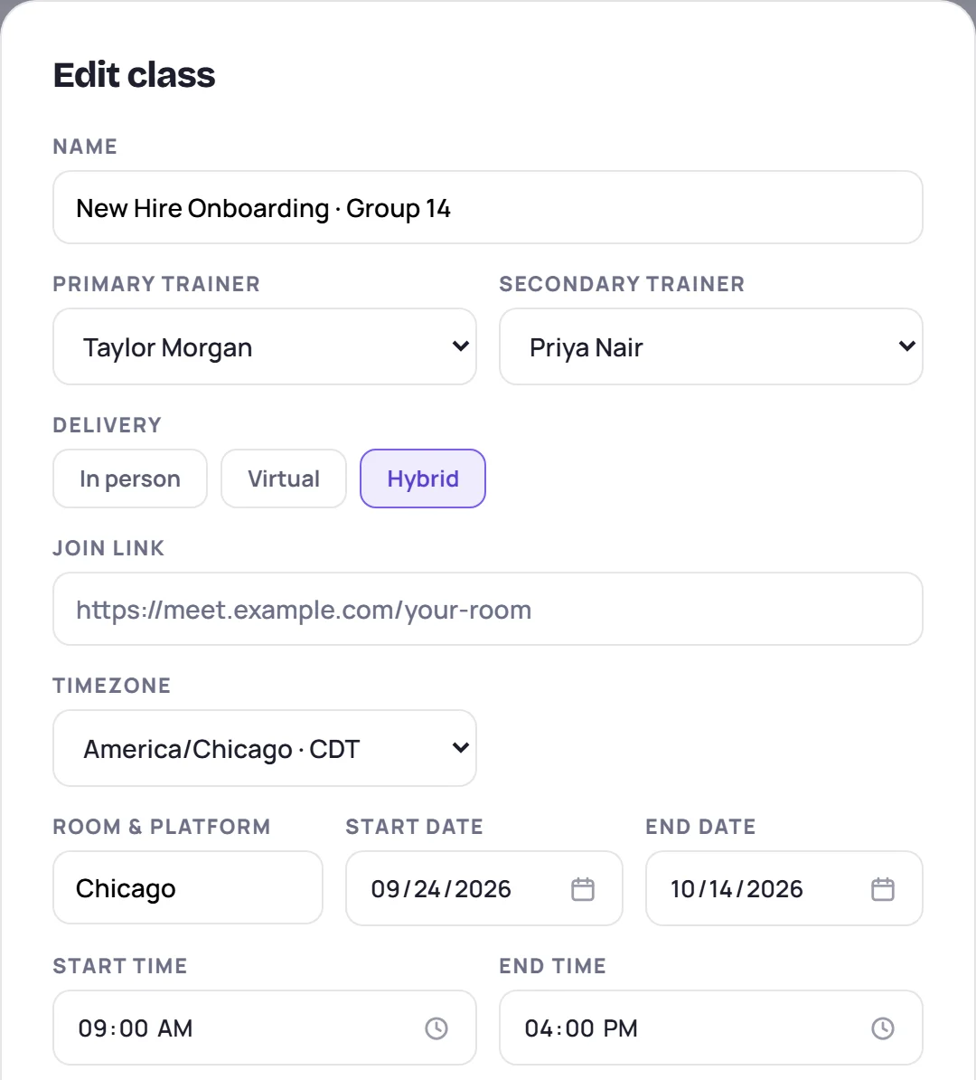 The top of the Edit class form: name, trainers, delivery, join link, time zone, location, dates and times