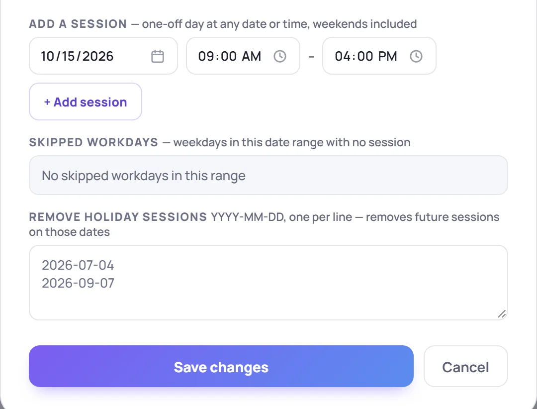 An onboarding class's schedule fields: Add a session, Skipped workdays and Remove holiday sessions
