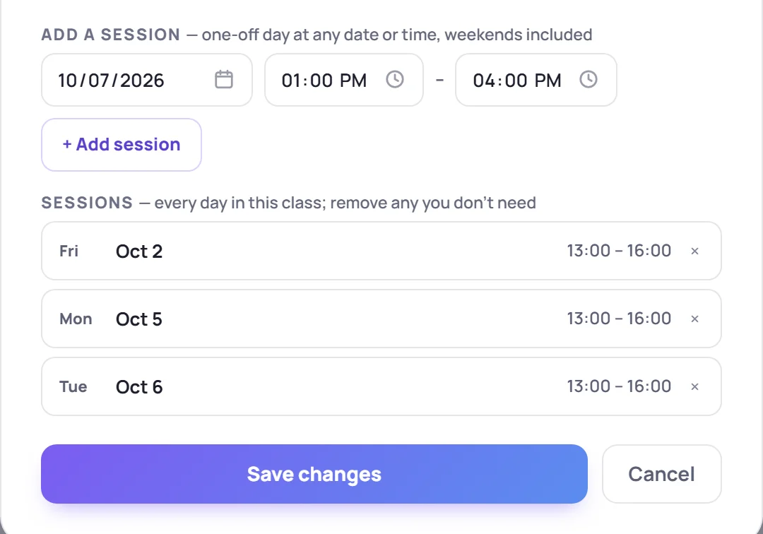 A workshop's sessions in the edit form, each with a × to remove it