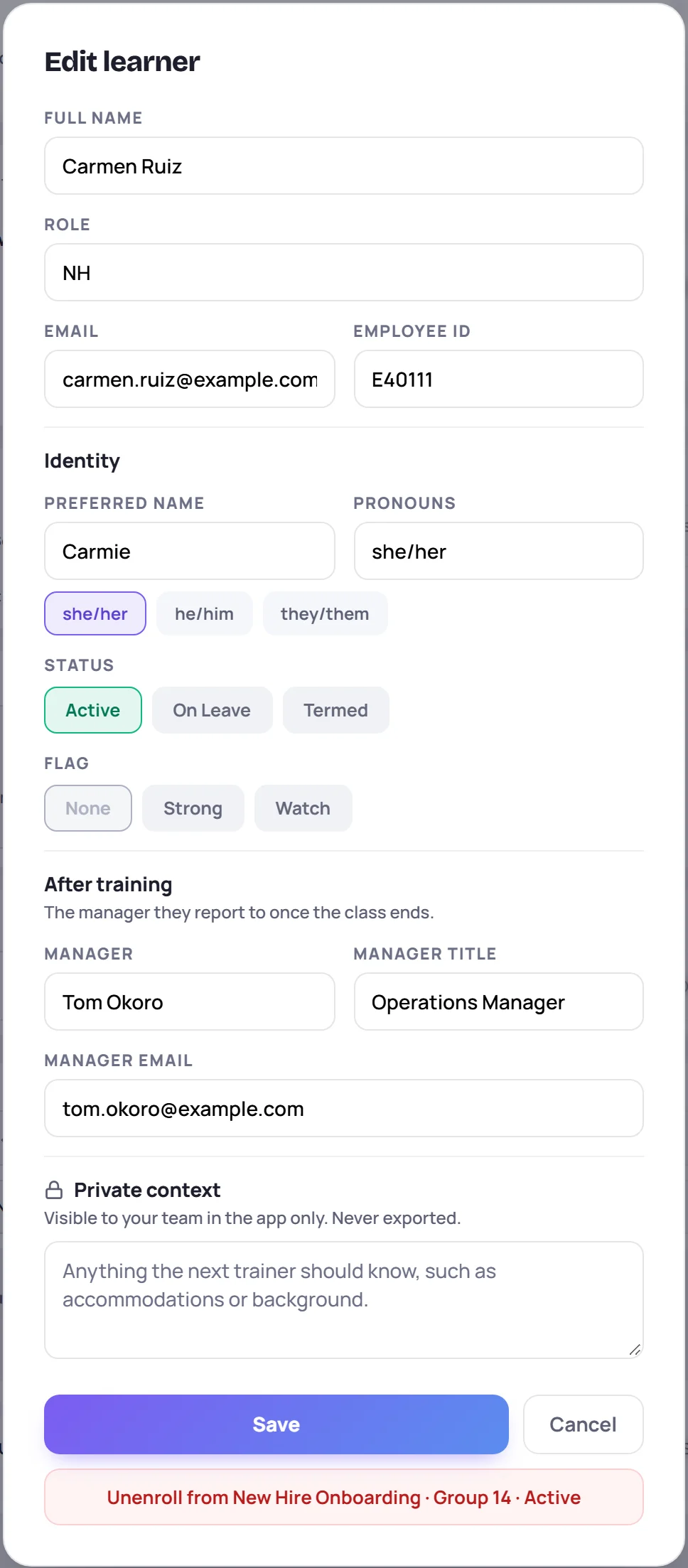 The Edit learner dialog: name, role, email and employee ID, Identity, Status, Flag, After training, Private context, and the Unenroll button
