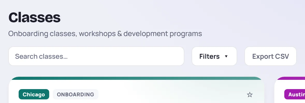 The Classes screen with the search box, Filters and Export CSV