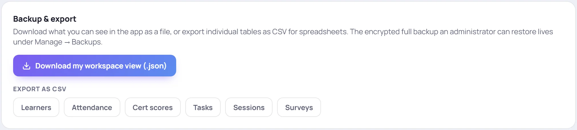 Backup & export: Download my workspace view, and Export as CSV buttons for Learners, Attendance, Cert scores, Tasks, Sessions and Surveys