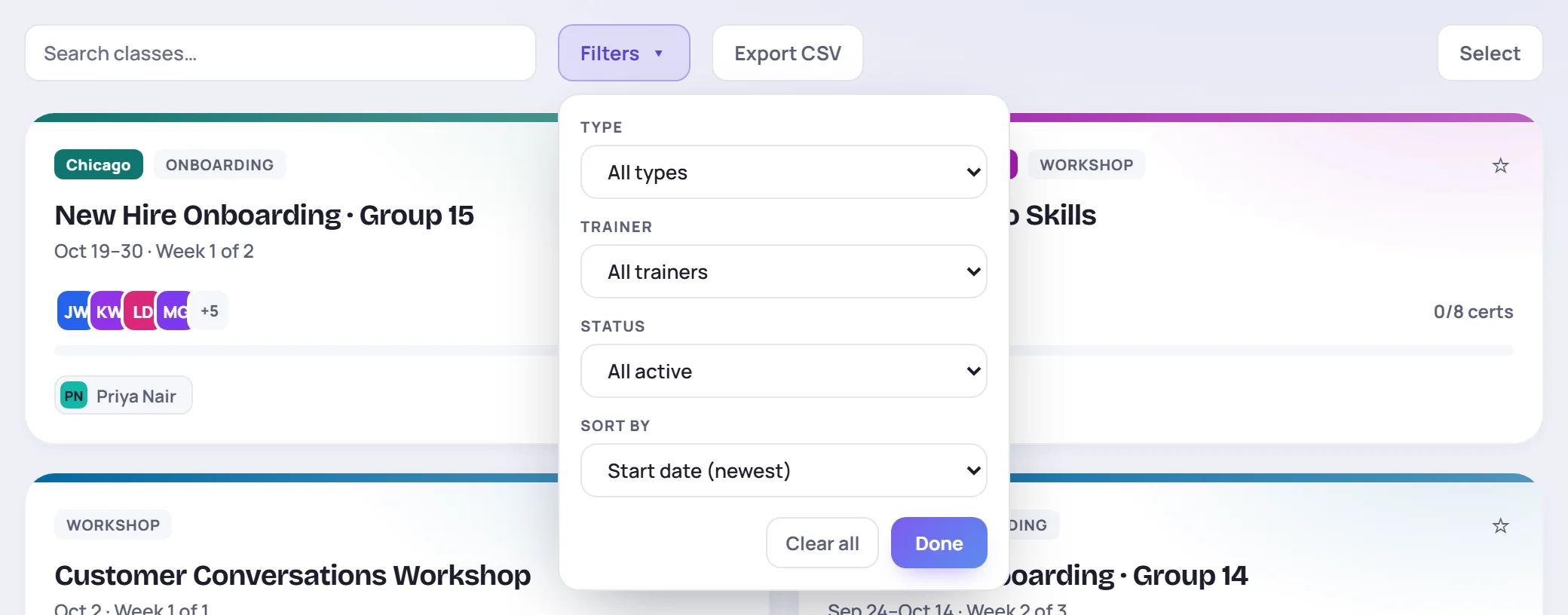 The Filters panel open on the Classes screen: Type, Trainer, Status and Sort by
