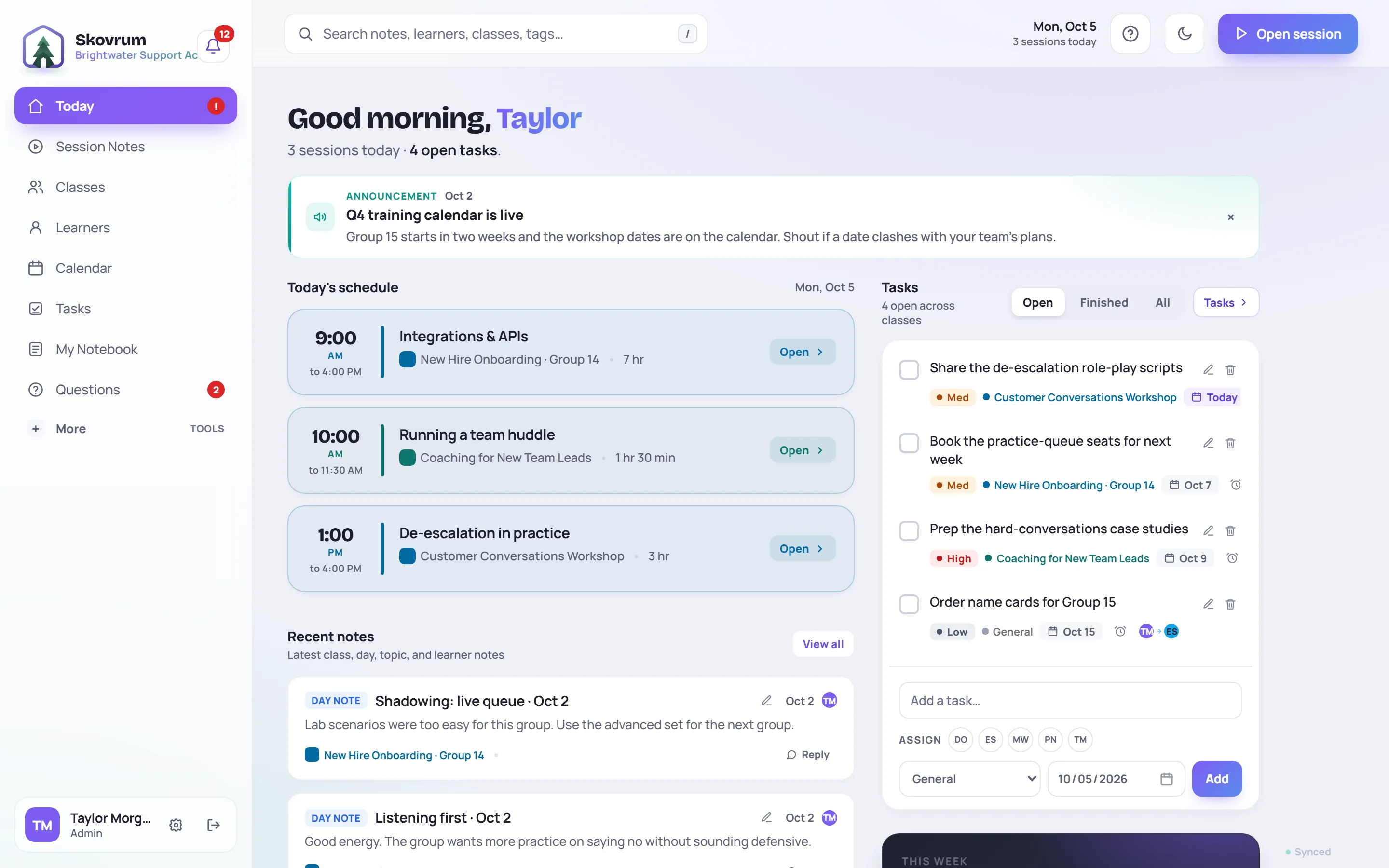 The Today screen: today's schedule, recent notes and tasks
