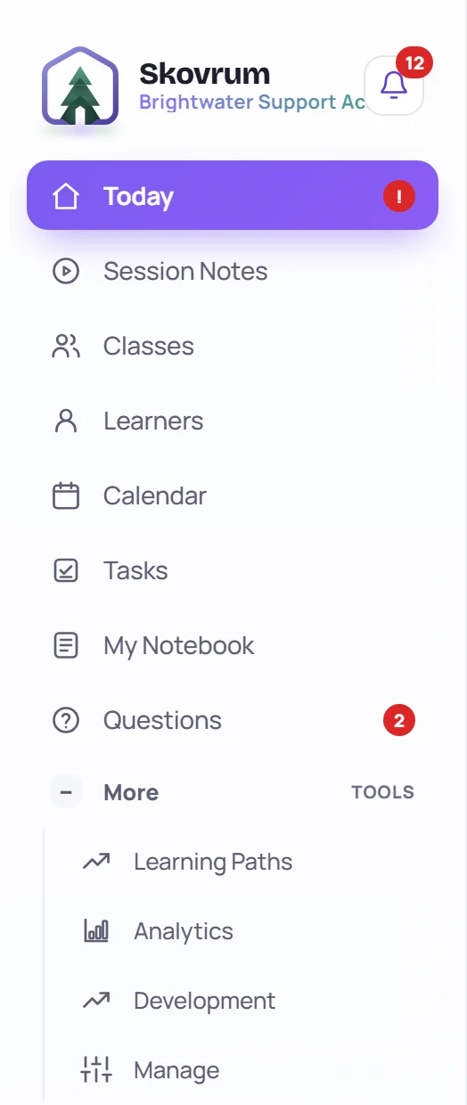 The sidebar, with More open to show Learning Paths, Analytics, Development and Manage