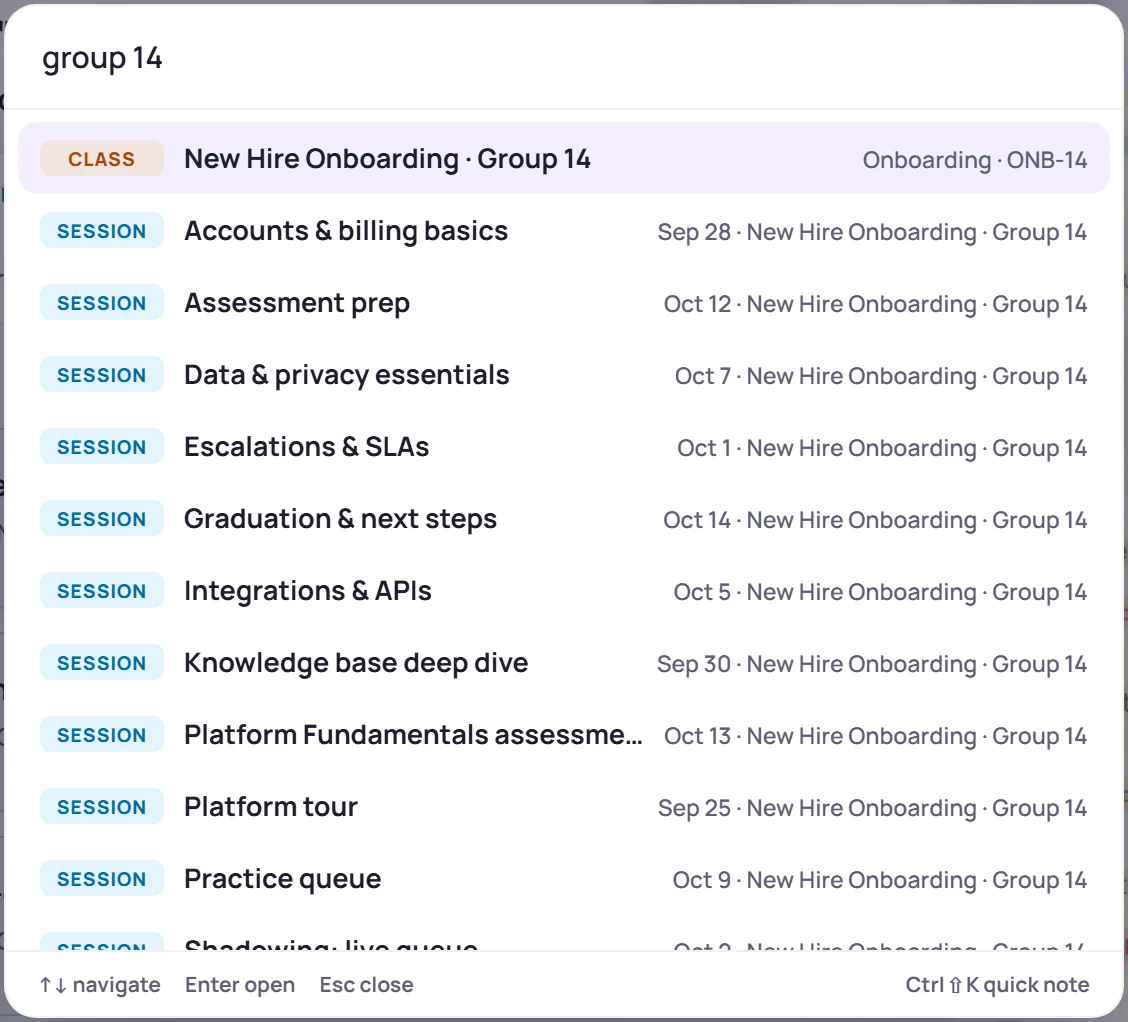 The command palette, searching for "group 14": the class and its sessions