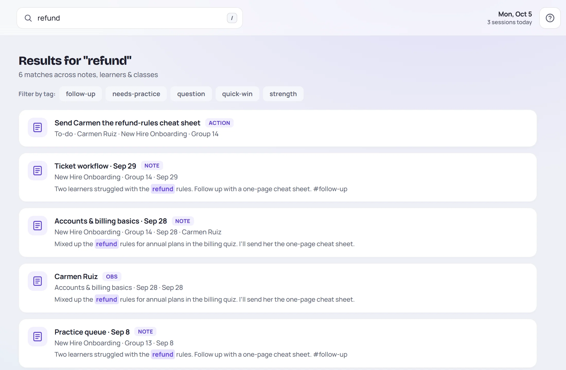 Search results for "refund": notes and observations, with the matching words highlighted