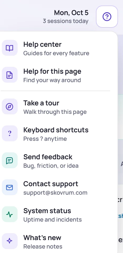 The help menu: Help center, Help for this page, Take a tour, Keyboard shortcuts, Send feedback, Contact support, System status and What's new