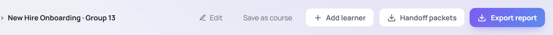 The header of a finished class, with Handoff packets next to Export report