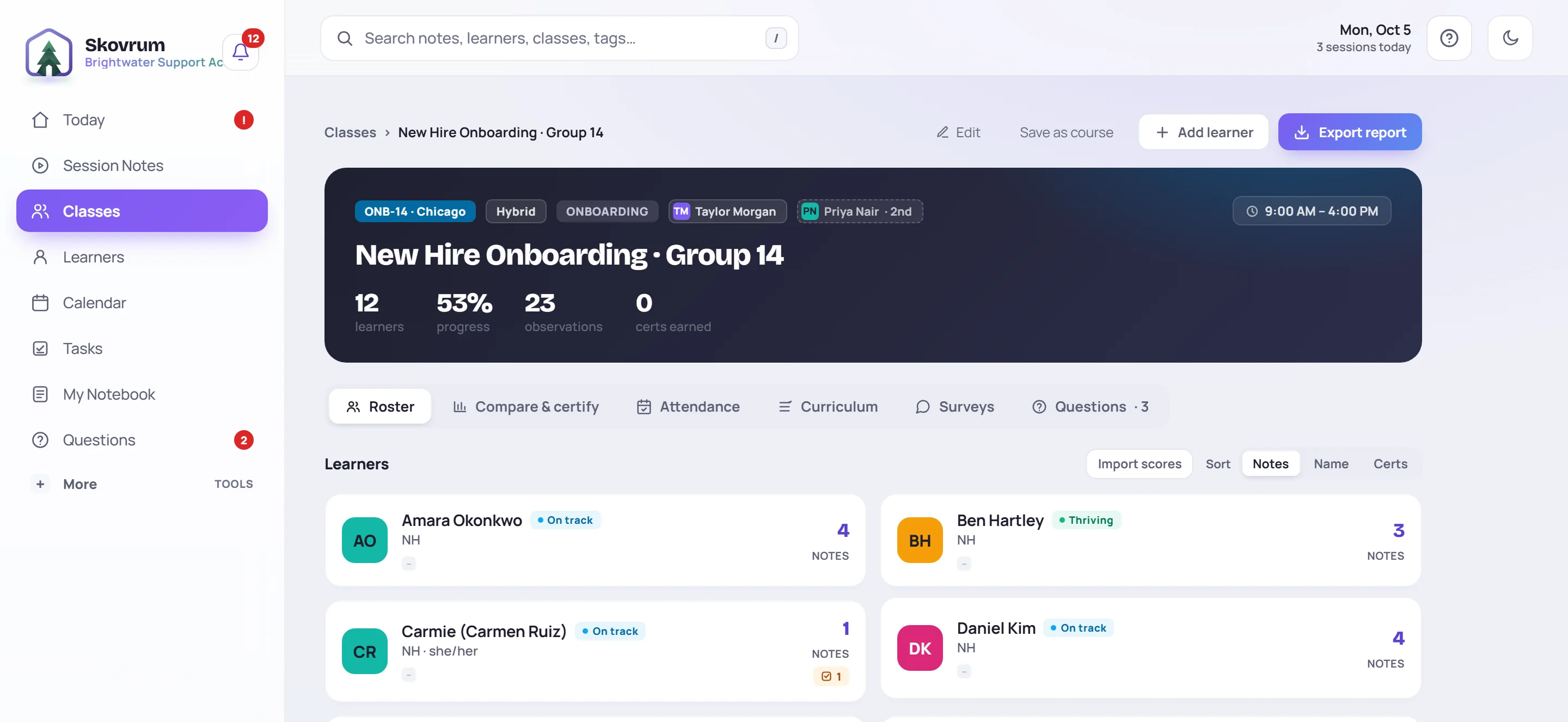 A class: its trainers, schedule and counts in the header, and the Roster, Compare & certify, Attendance, Curriculum, Surveys and Questions tabs below