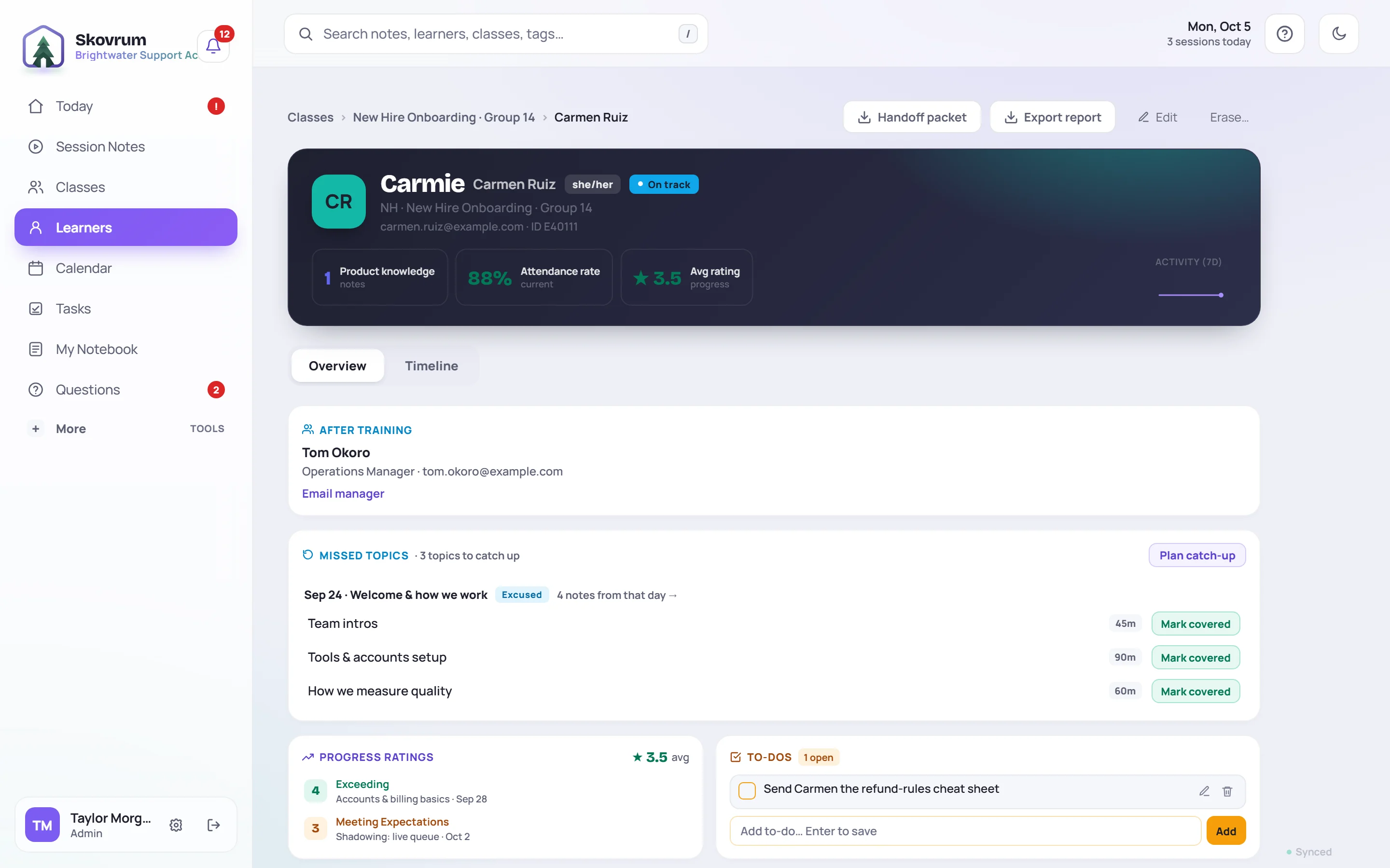 A learner's profile: their details and stats at the top, then Overview and Timeline