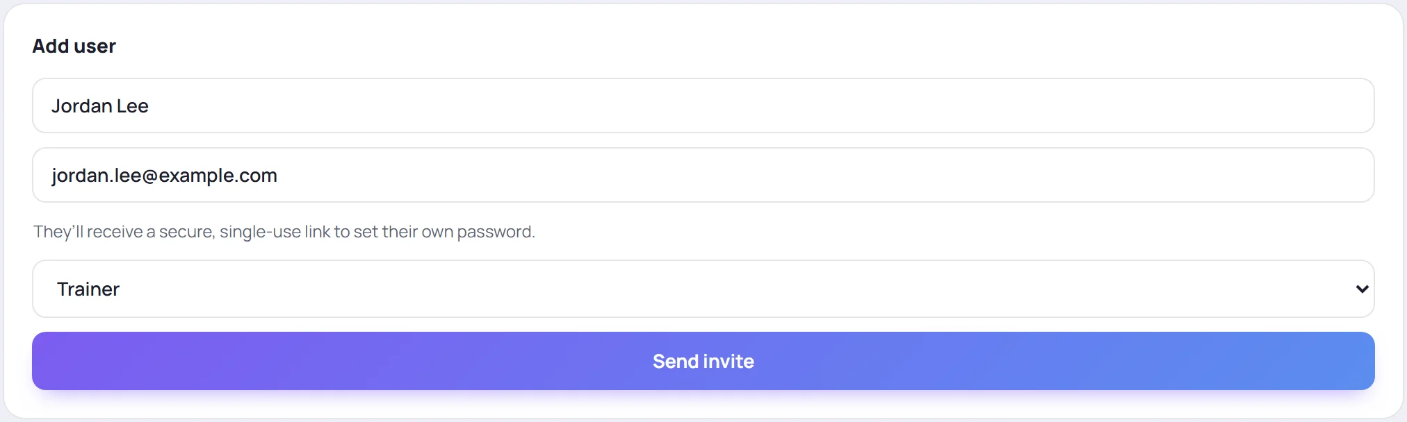 The Add user card: full name, email address, role and Send invite