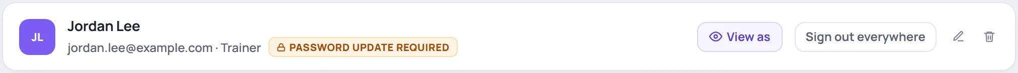 A newly invited user, Jordan Lee, marked PASSWORD UPDATE REQUIRED
