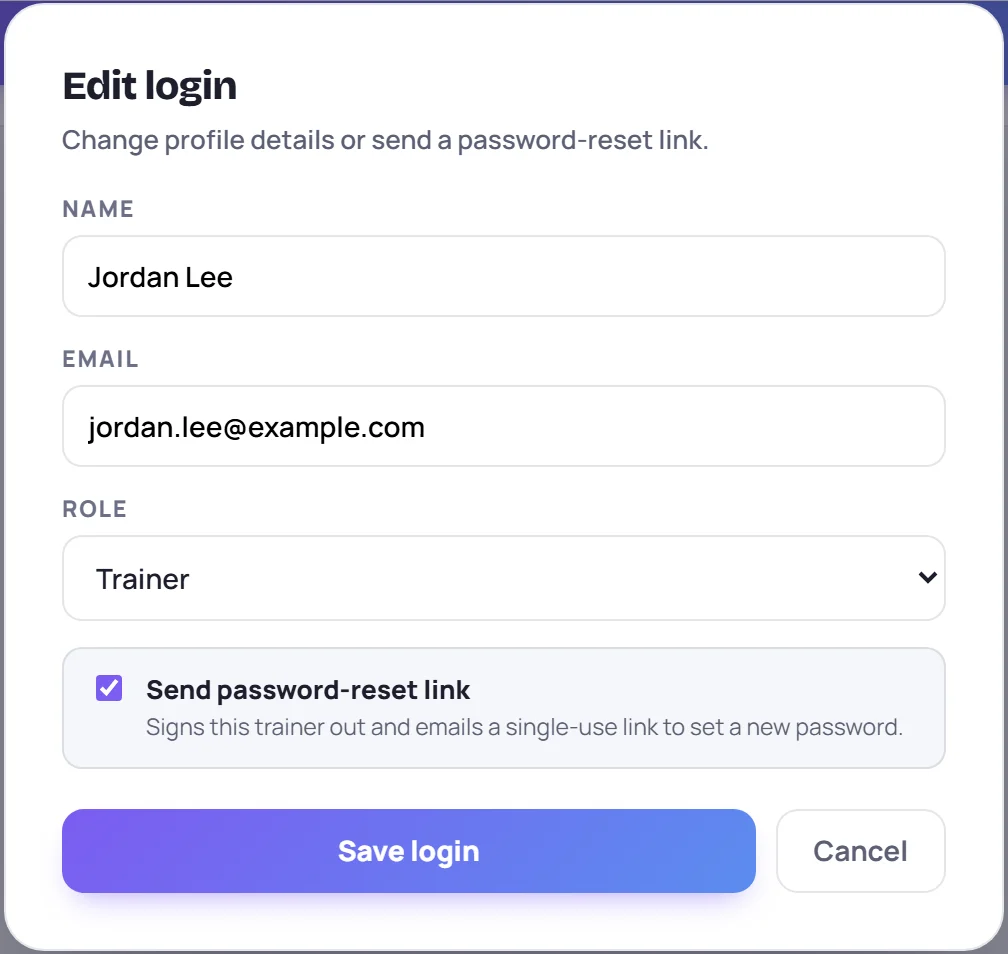 Edit login with Send password-reset link ticked