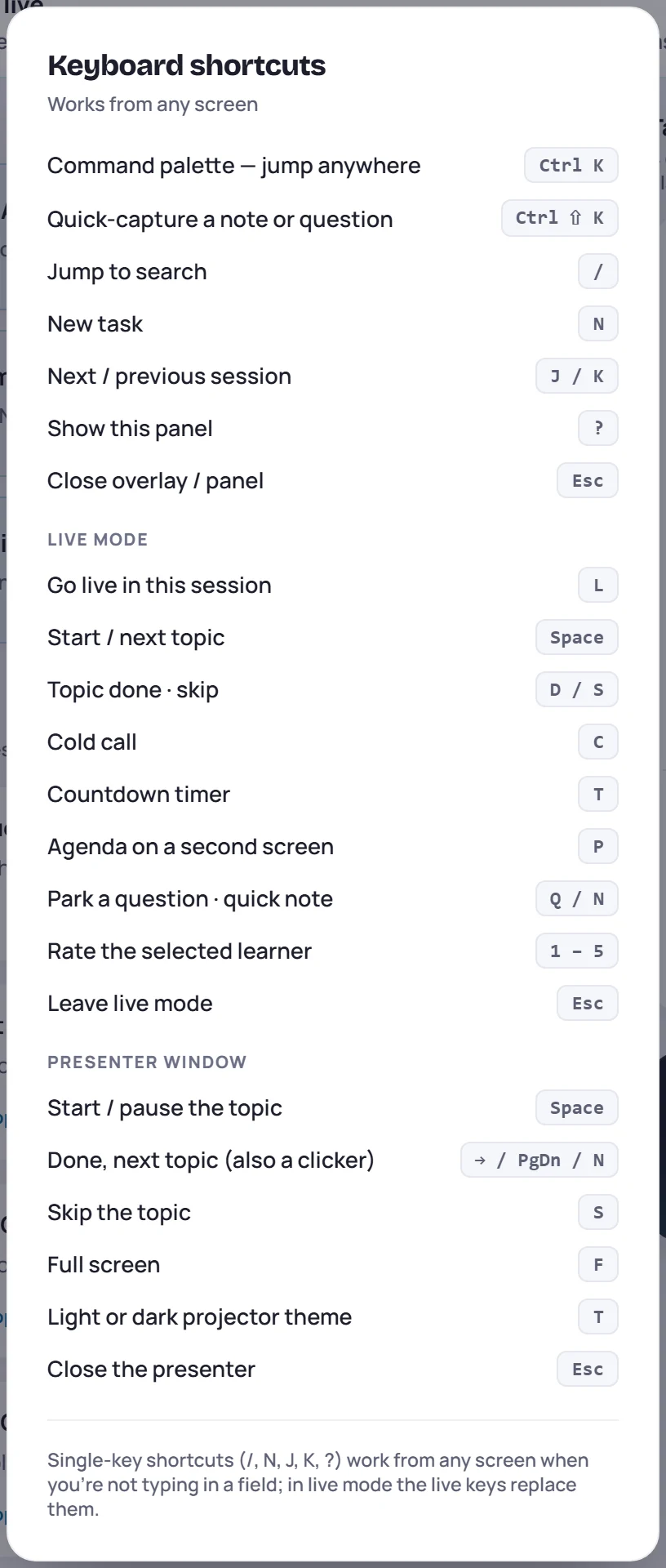 The keyboard shortcuts panel: shortcuts for any screen, live mode and the presenter window