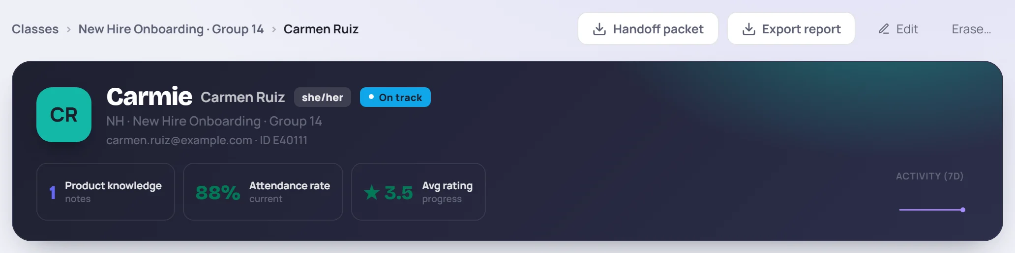 The profile header: breadcrumb, the Handoff packet, Export report, Edit and Erase buttons, and the summary band
