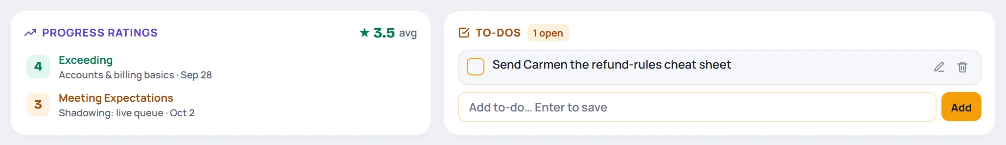 Progress ratings with an average of 3.5, and a To-dos card with one open to-do and a box to add another