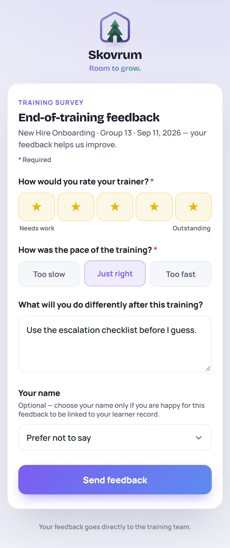 A feedback form on a phone: How would you rate your trainer? with five stars, the pace as three buttons, a comment box, an optional Your name list on Prefer not to say, and Send feedback