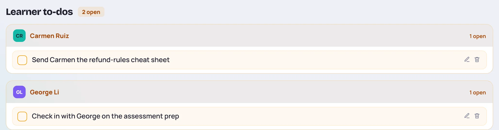Learner to-dos on the Tasks screen: one open for Carmen Ruiz and one for George Li