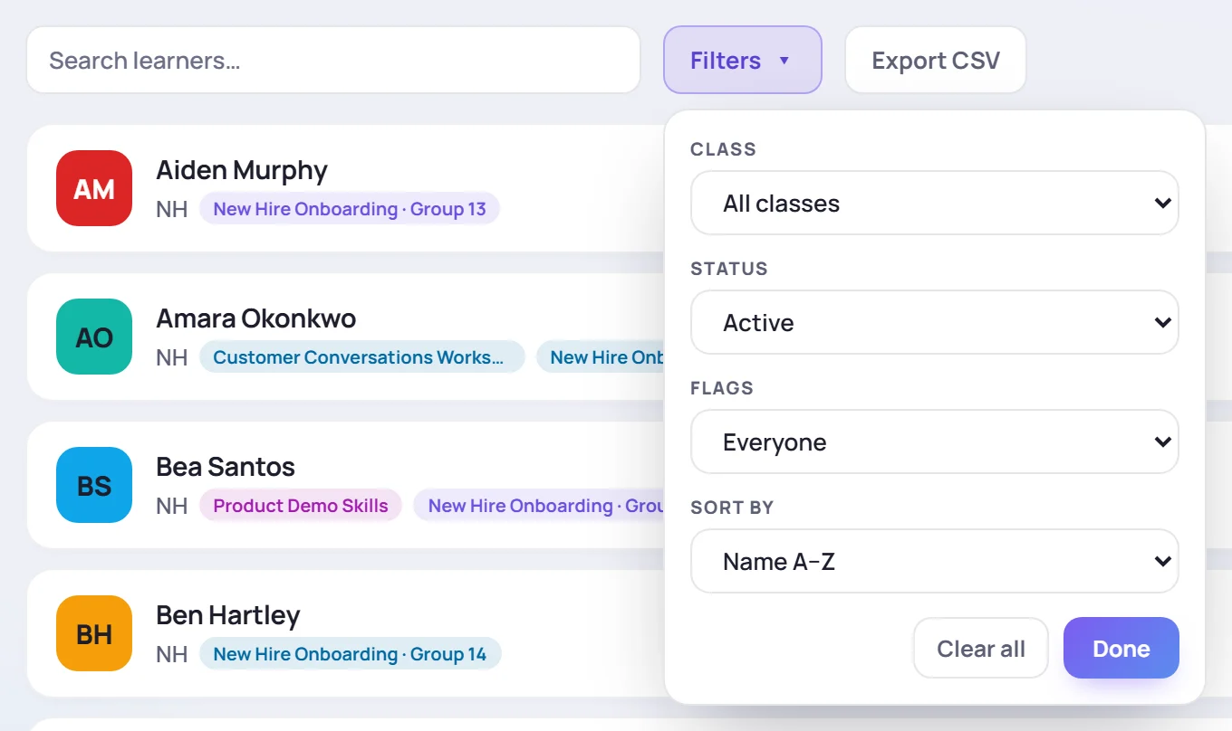 The Filters panel: Class, Status, Flags and Sort by, with Clear all and Done