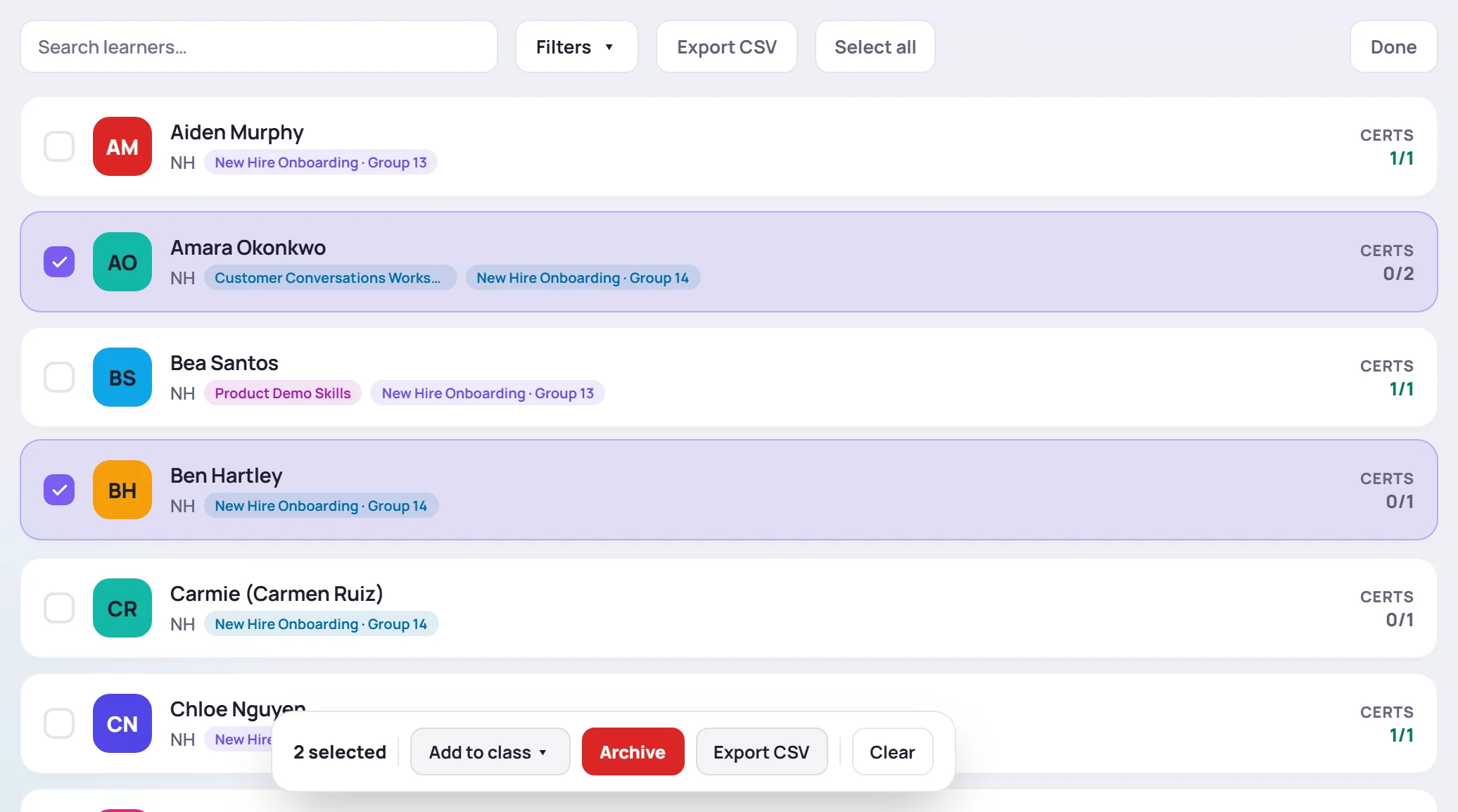 Two learners selected, with the bar at the bottom: Add to class, Archive, Export CSV and Clear