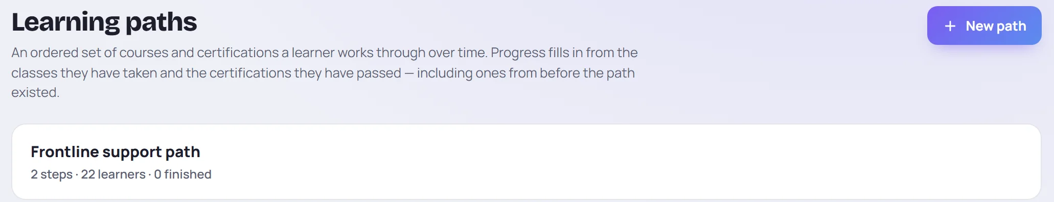 The Learning paths screen with the New path button and one path: Frontline support path, 2 steps, 22 learners, 1 finished
