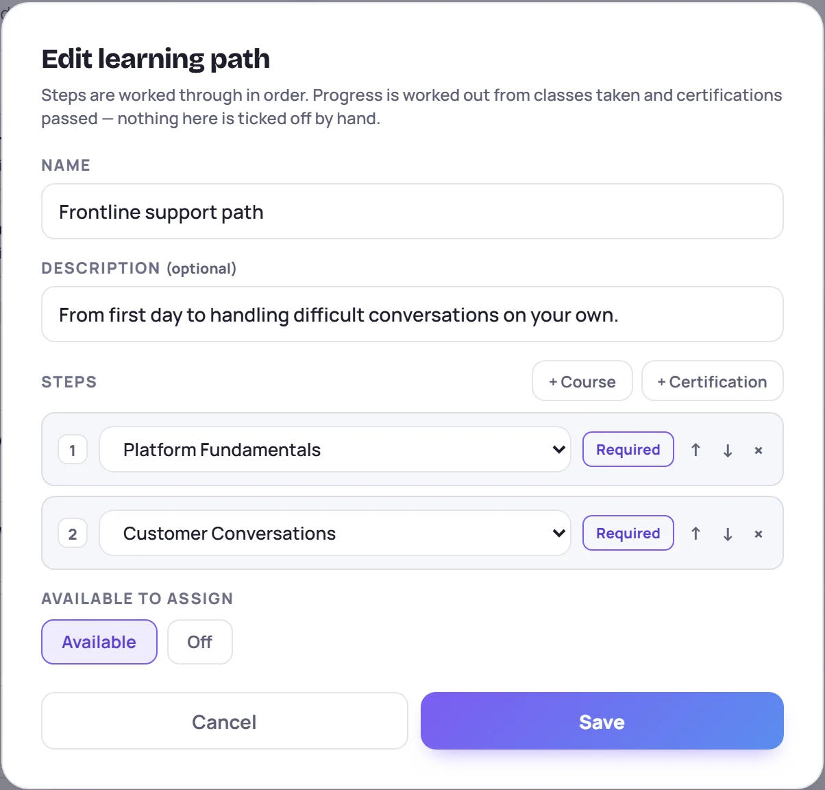 Editing the Frontline support path: two required certification steps, Platform Fundamentals then Customer Conversations