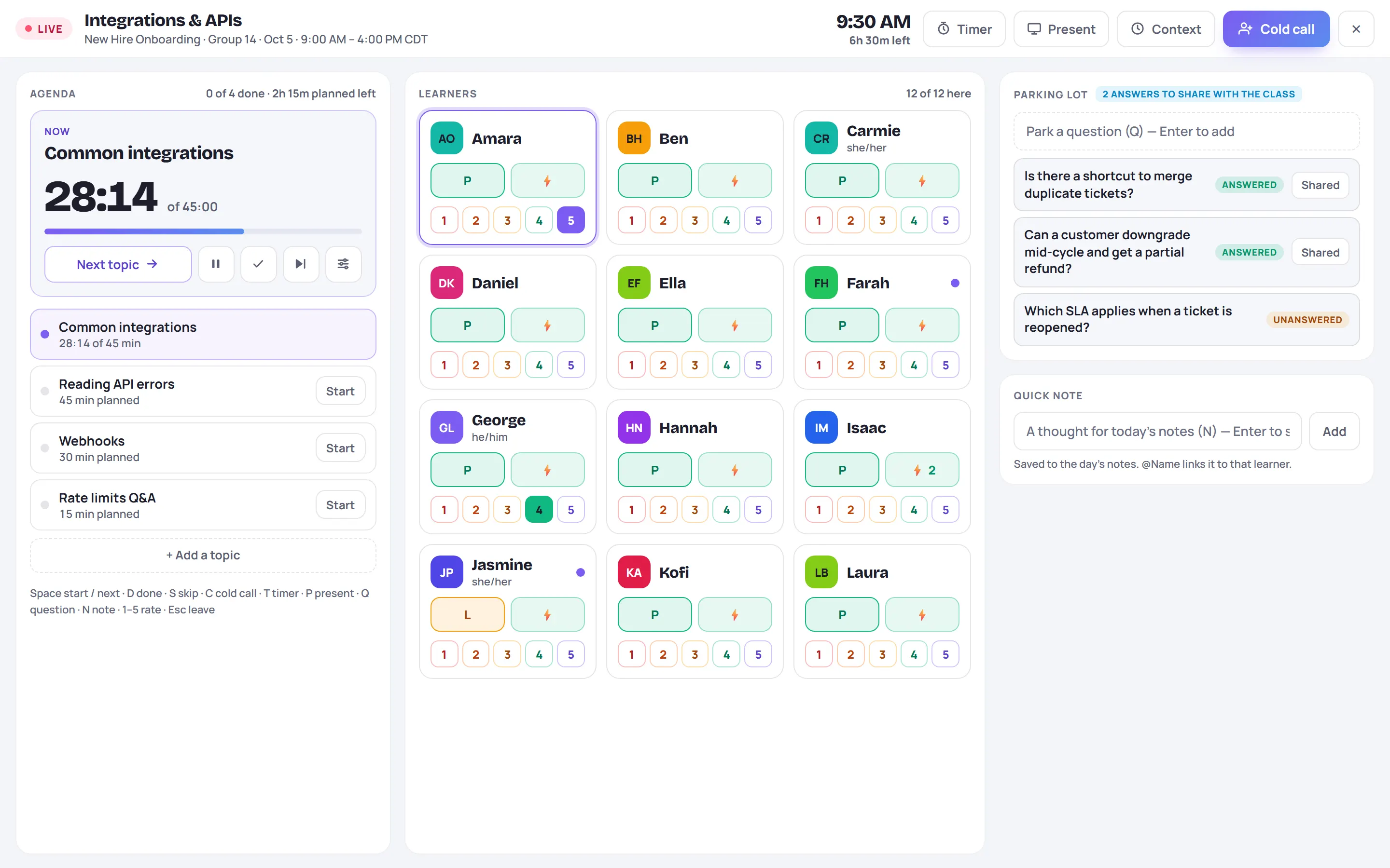 Live mode: the agenda on the left, learner tiles in the middle, the parking lot and a quick note on the right