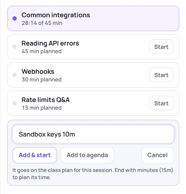 Adding a topic: Sandbox keys 10m, with Add & start, Add to agenda and Cancel