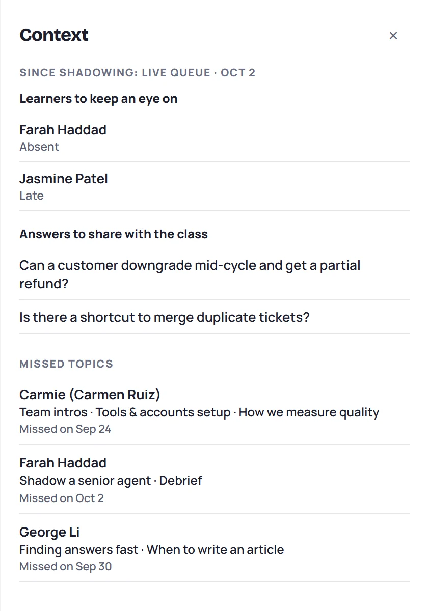 The Context panel: learners to keep an eye on, answers to share with the class, and missed topics for three learners