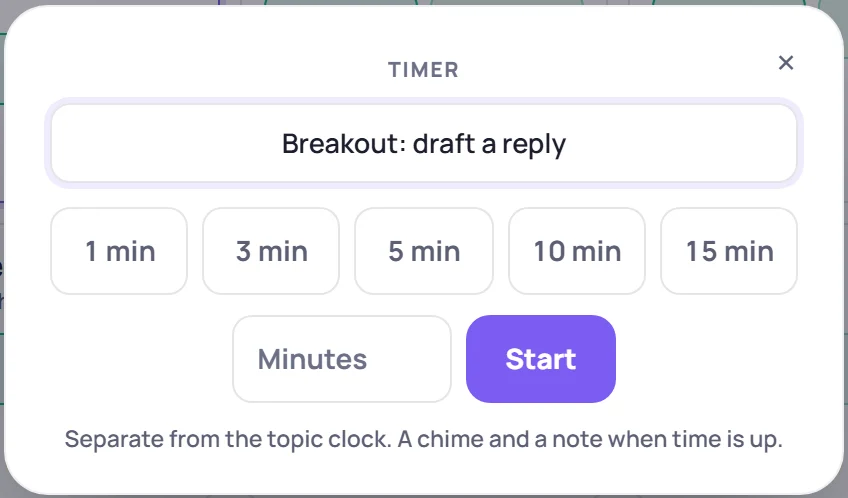 The timer: a label, presets of 1, 3, 5, 10 and 15 minutes, and a box for any number of minutes