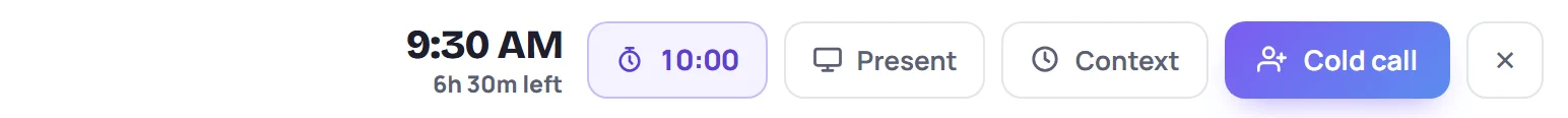 The top bar with the timer running at 10:00, next to Present, Context and Cold call