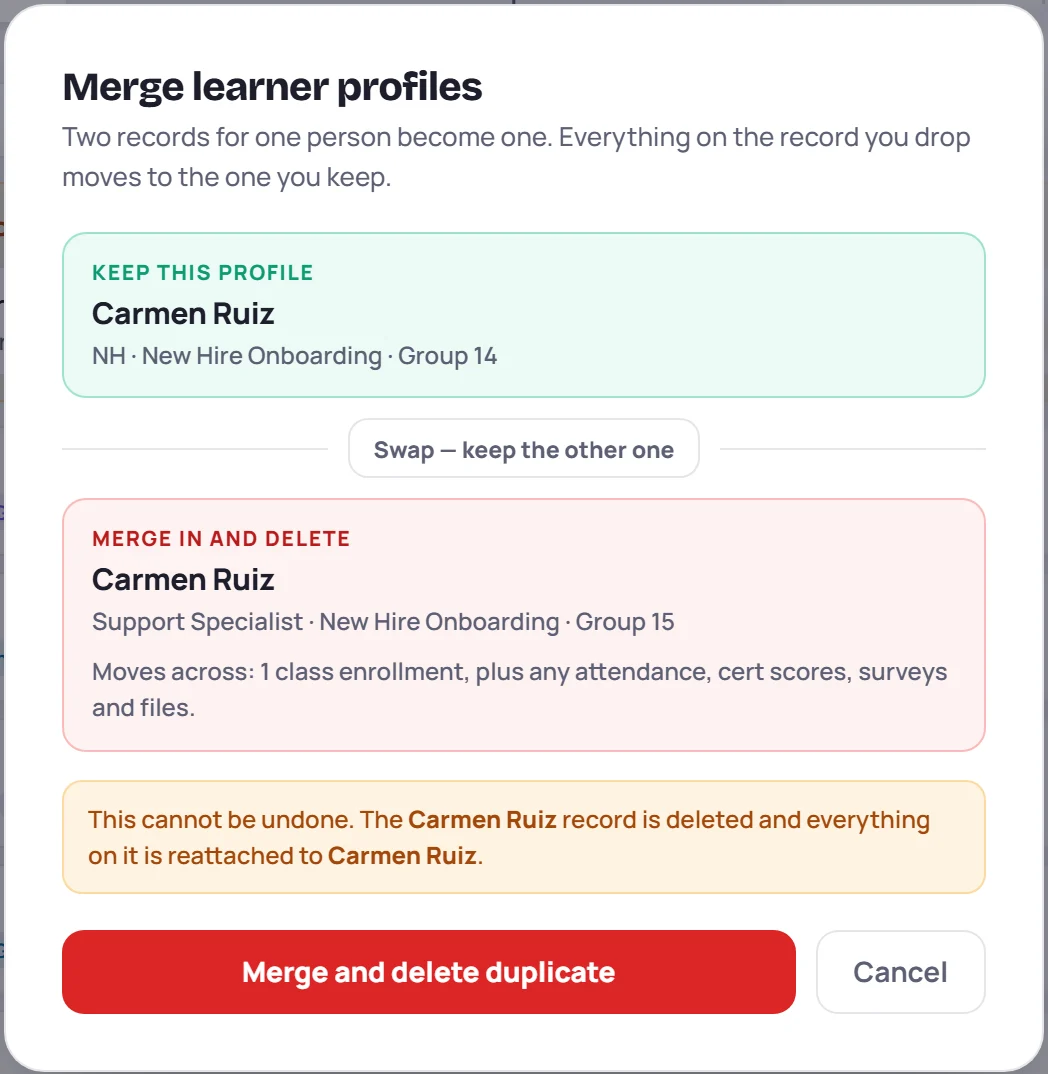 The Merge learner profiles dialog: Carmen Ruiz in Group 14 kept, Carmen Ruiz in Group 15 merged in and deleted