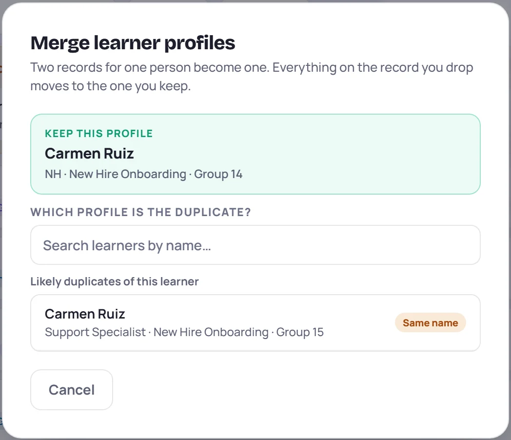 Choosing the duplicate: likely duplicates are listed under the search box