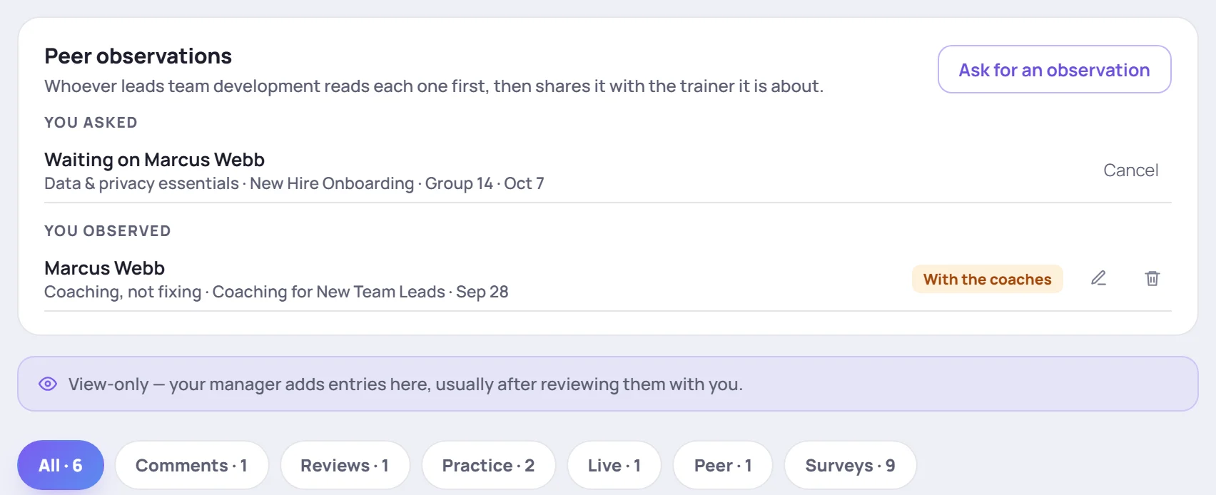 Peer observations, the view-only note and the entry filters