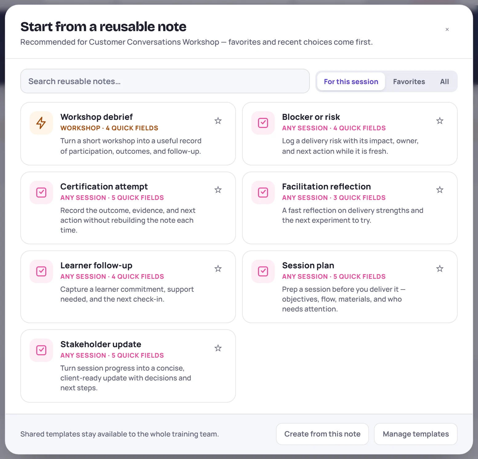 Start from a reusable note: templates recommended for a workshop, with search and filters