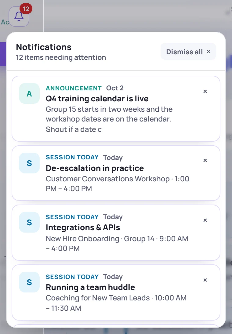 The bell open: an announcement and today's sessions, each with a dismiss button