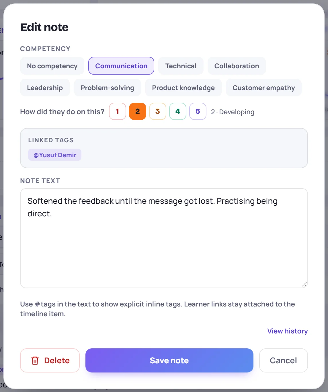 Edit note for an observation: competency buttons, the rating, linked learners and the note text