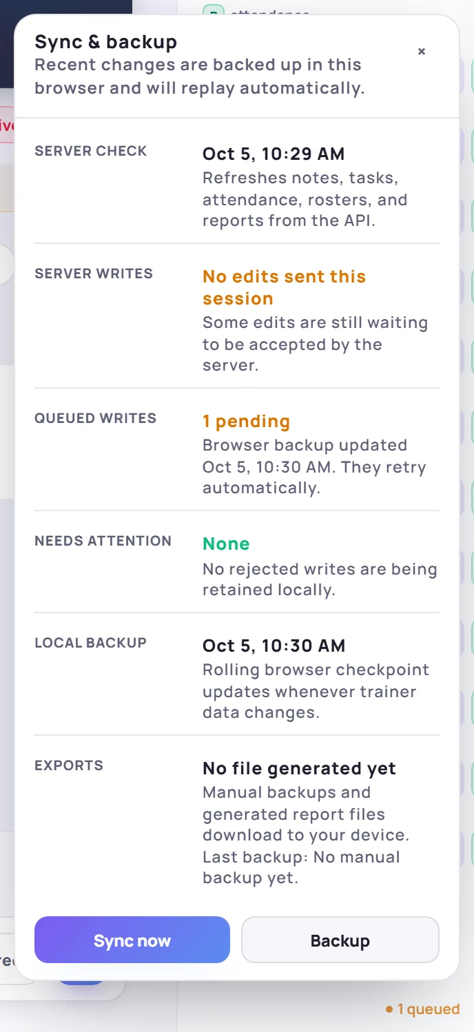 Sync & backup with 1 pending change in the queue