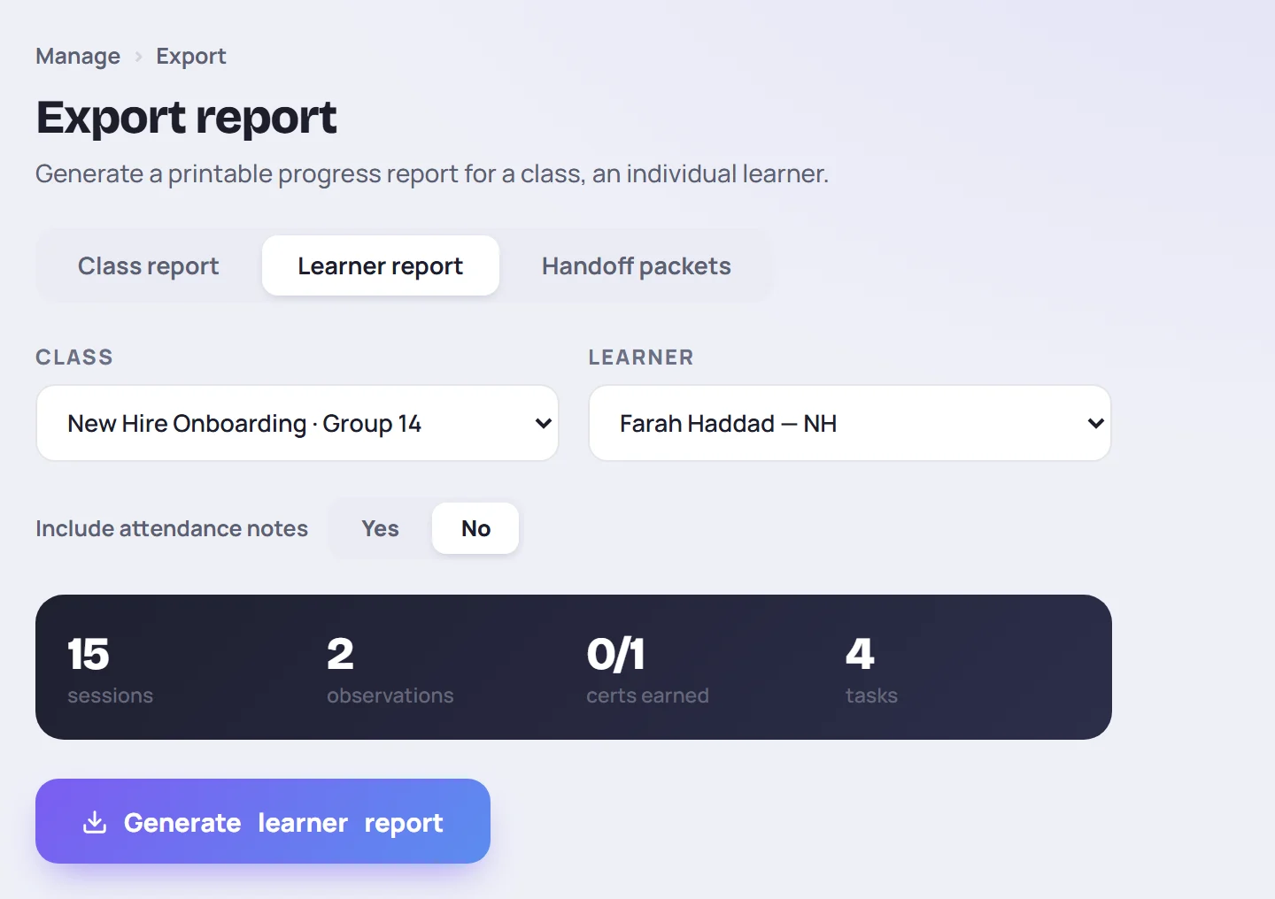 The Learner report tab with New Hire Onboarding · Group 14 and Farah Haddad chosen